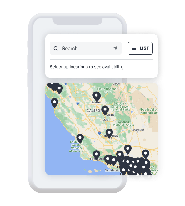 Map displaying pins with locations of Massage Envy clinics in California. 